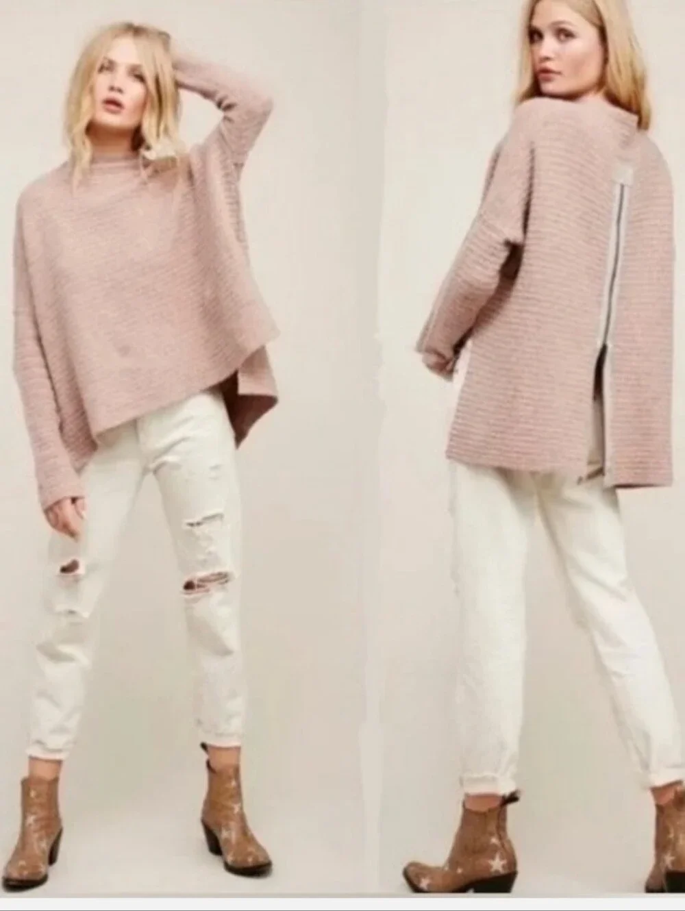 Free People Arctic Fox Oversized Dusty Pink Knit Sweater with Back Zip